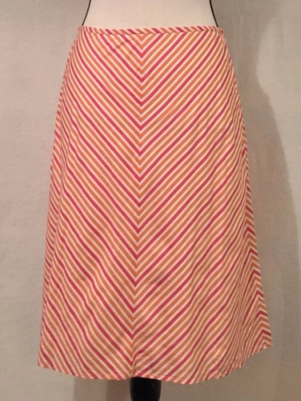 Ann Taylor Y2K 100% cotton cream orange red white diagonal striped a-line skirt